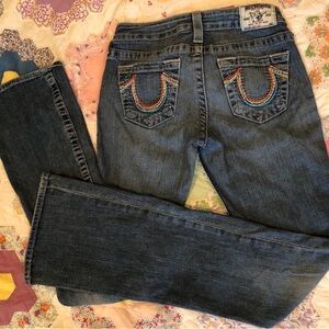 True Religion Boot Cut Jeans Rainbow Stitching Size 26 Made In USA Y2K Low Rise